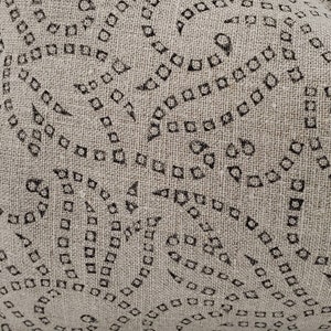 May include: A close-up of a beige fabric with a repeating pattern of black squares and diamonds. The fabric has a textured surface.