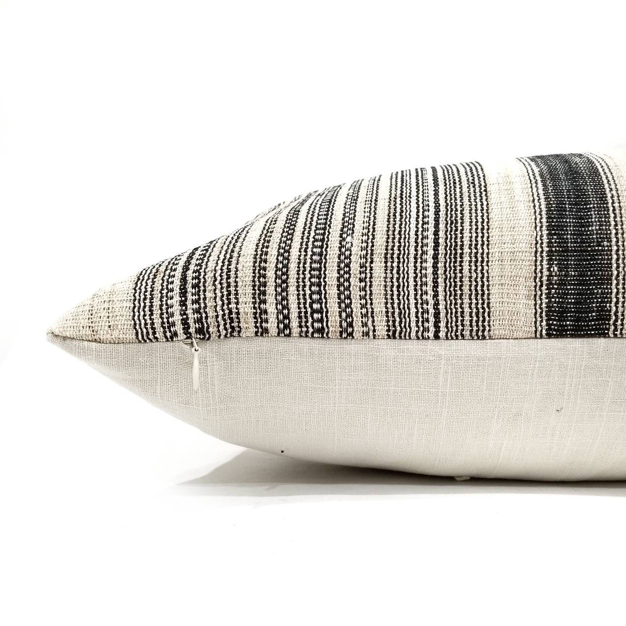 13×26 flax & muted indigo/black stripe hmong hemp linen pillow cover