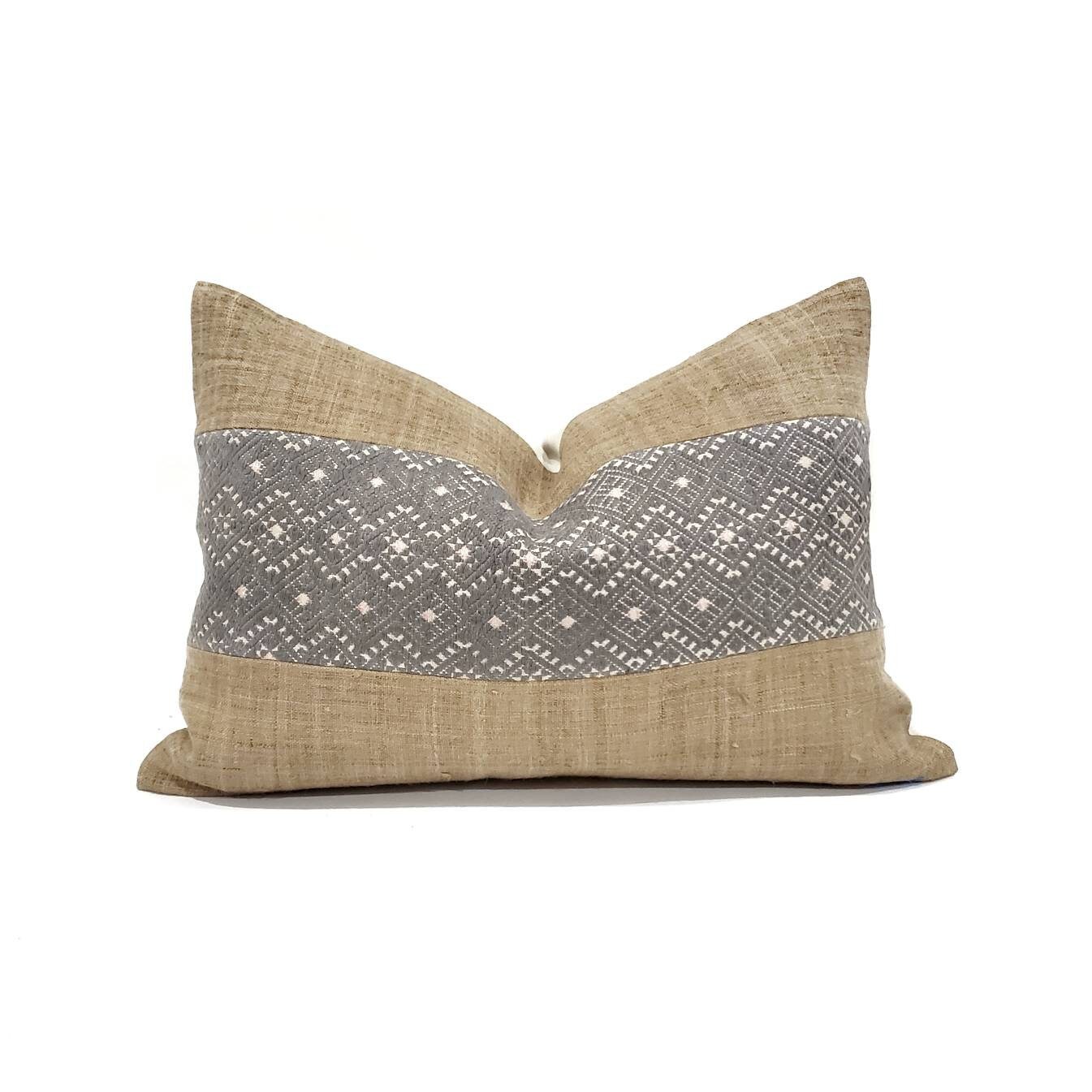 14×20 grey Chinese wedding blanket center camel hemp linen hmong pillow