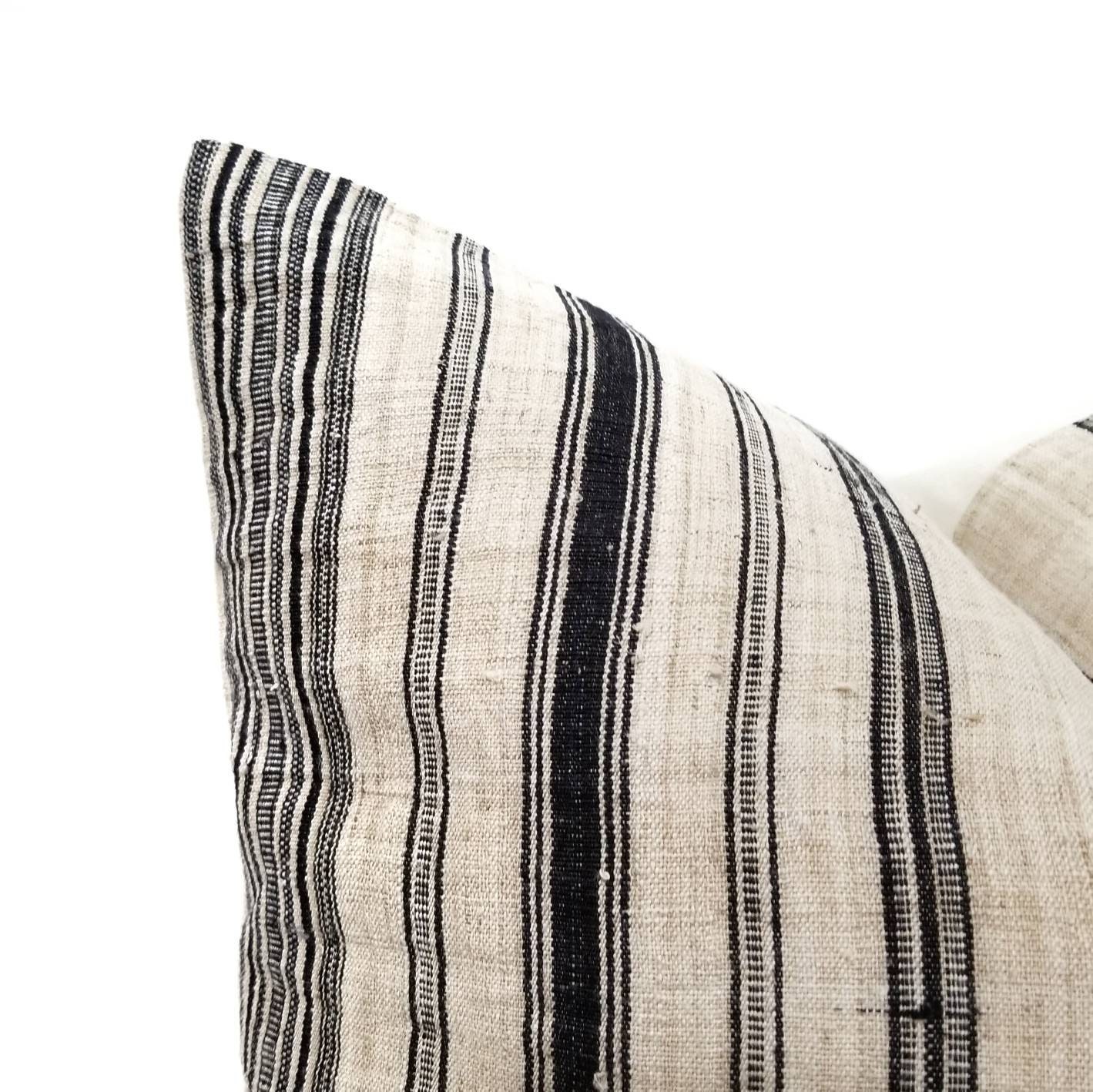 23 flax & black stripe hmong hemp linen pillow cover