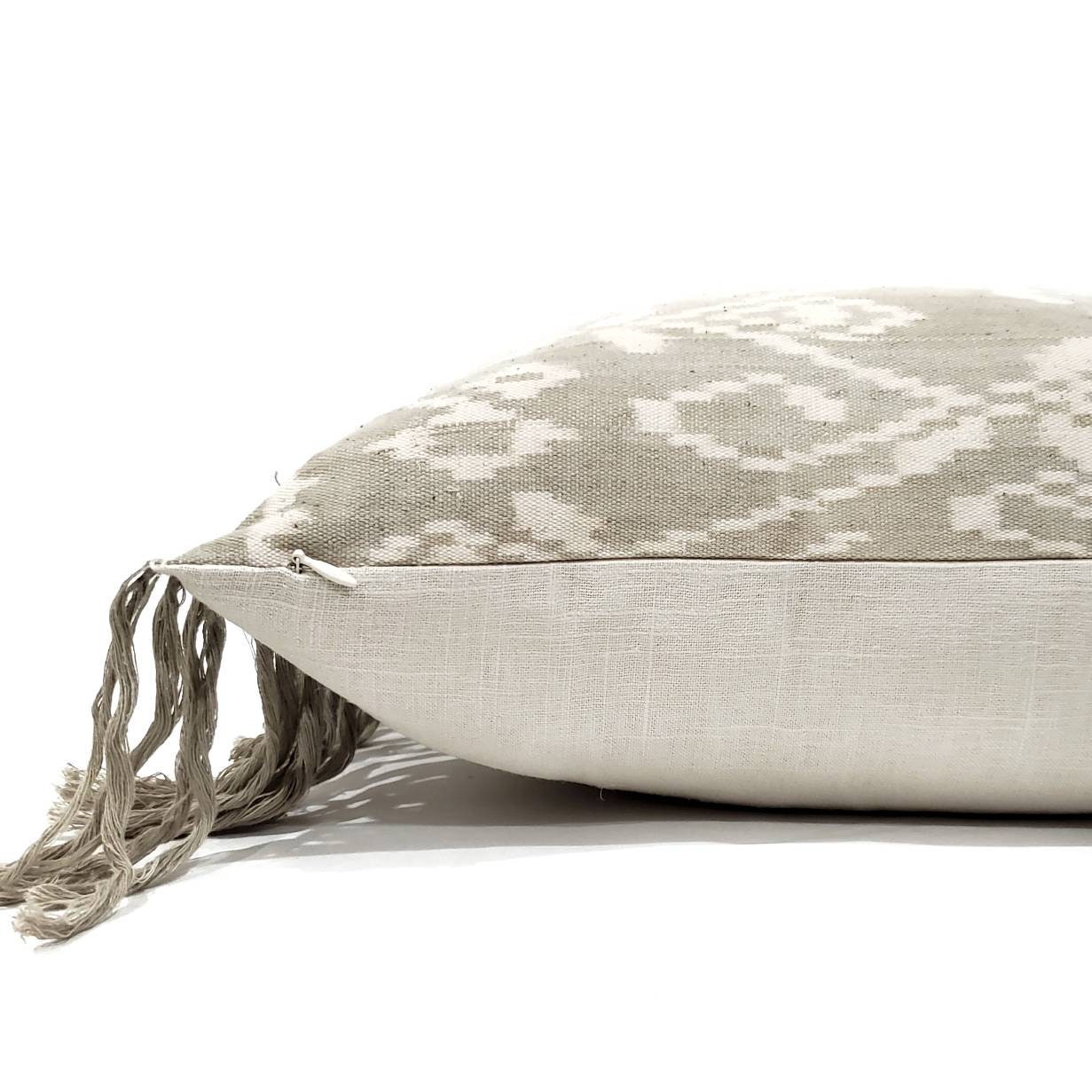 18 fringe on side sage/grey Indonesian ikat pillow cover