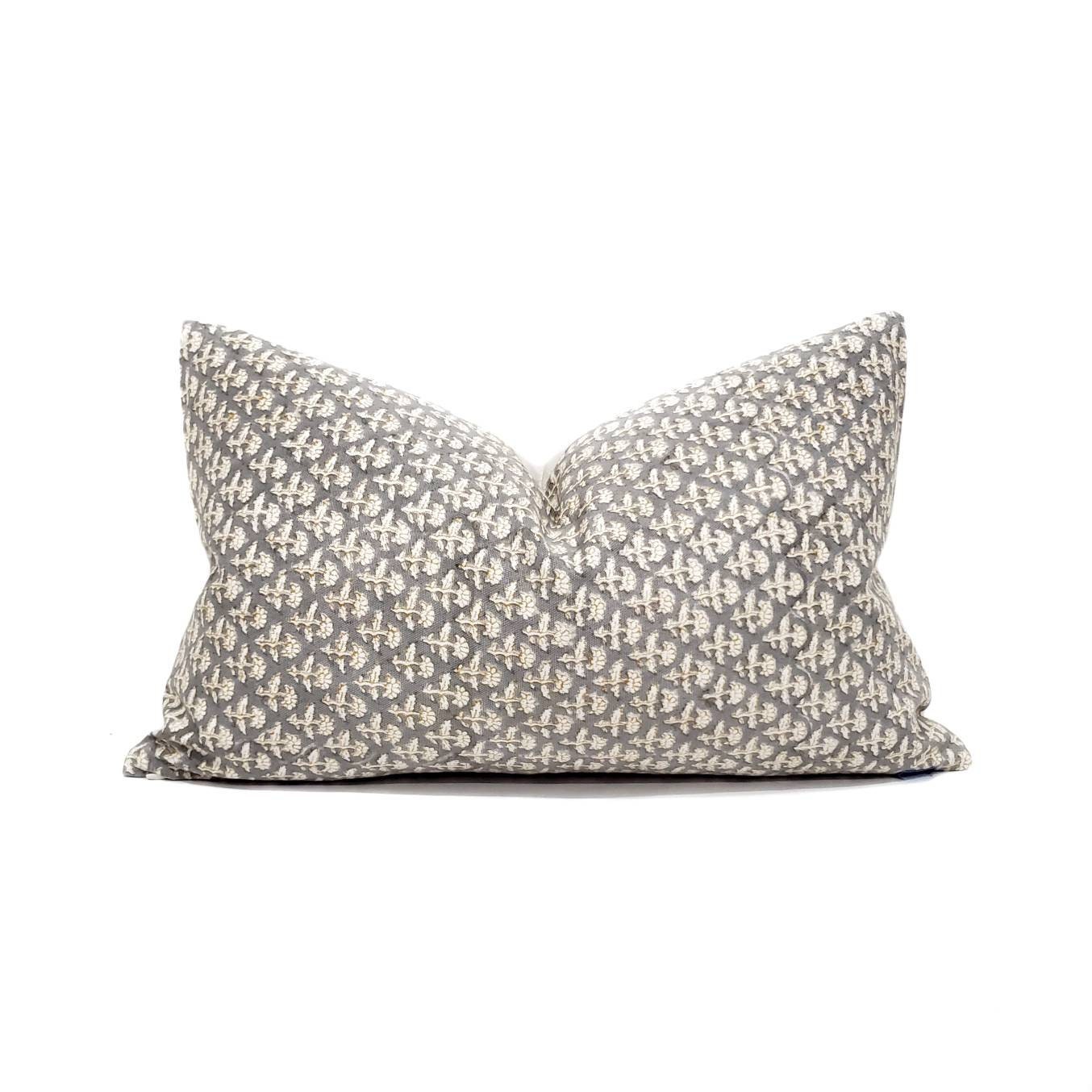 Various lumbar sizes grey/cream small flowers block printed cotton