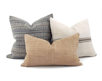 Pillow combo- indigo/mushroom stripe/camel pillow combo of 3 pillows