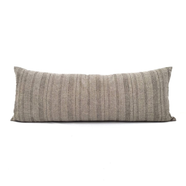 Hmong pillow, 13"×35" muted olive stitched stripe cotton bed pillow cover