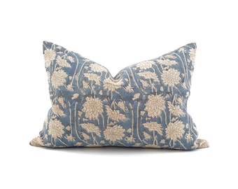 various lumbar sizes teal flower batik block printed linen pillow cover