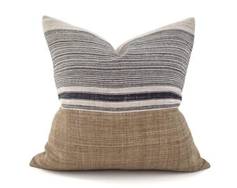 20" navy stripe hmong hemp linen+camel hmong hemp linen pillow cover