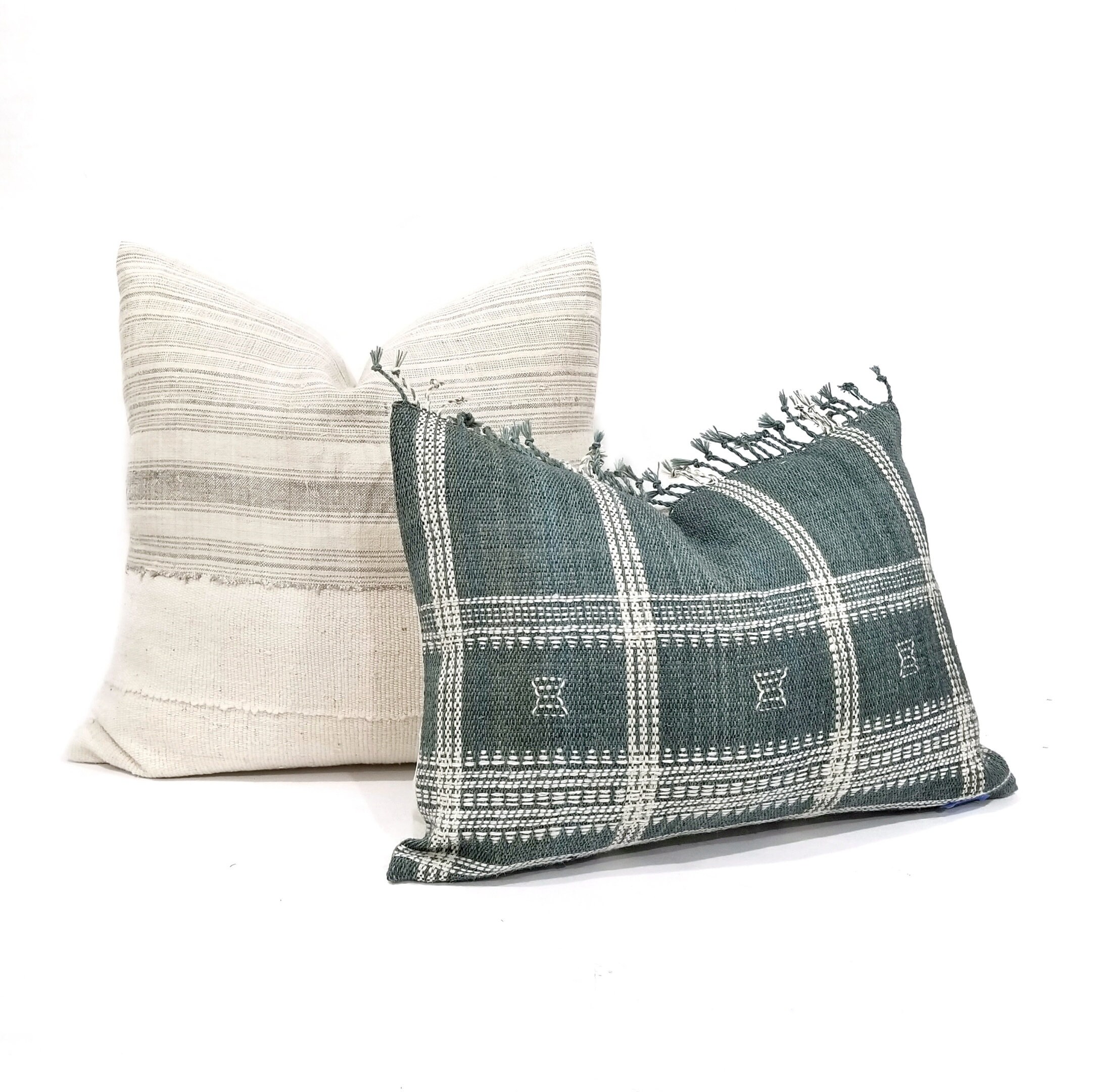 20 light beige w/ grey stripe hmong hemp linen mudcloth pillow cover