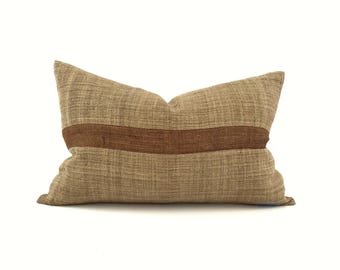 14"×22" camel+ rust color block hemp linen Hmong pillow cover