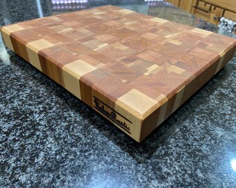 Hardwood Mahogany and Maple chaotic pattern end grain cutting board, butcher block, handmade hardwood cutting board