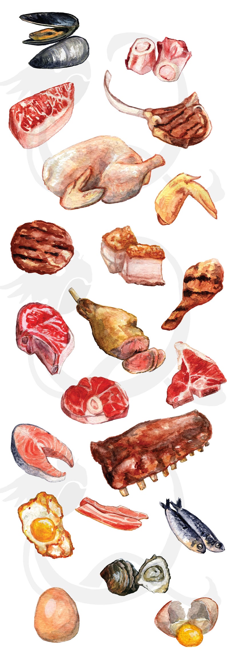 Carnivore Watercolor Meat, Seafood and Eggs Clipart - Etsy