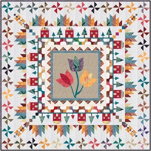 May include: A colorful quilt with a central design of three stylized tulips in shades of red, orange, and purple. The quilt is surrounded by a border of geometric shapes in shades of blue, green, orange, and red.