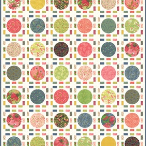 May include: A quilt pattern featuring a grid of colourful circles. The circles have various floral and geometric designs. The background is white.