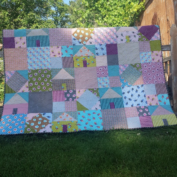 Suburbia a scrappy, house quilt pattern with square in a square and four patch blocks