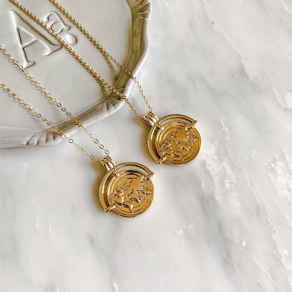 Gold Coin Necklace, World Globe Necklace, Gold Filled Necklace, Dainty Necklace, Delicate Necklace, Birthday Gift, Gif to Mom, Gifts