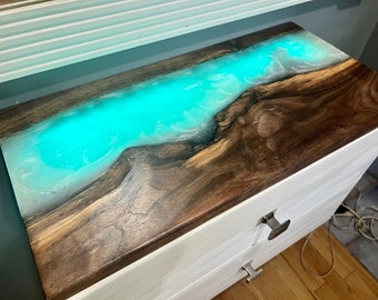 Floating Nightstand with two drawers with Epoxy River Top and LED light built into the top drawer.  Dimensions (16x12x16)