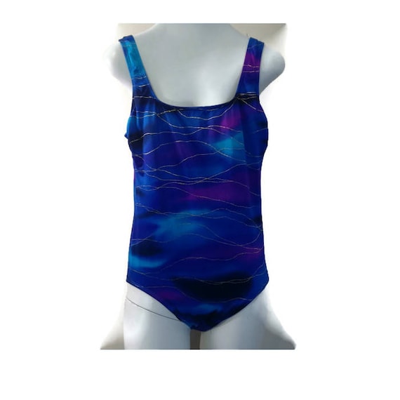 Vintage Robby Len Swimfashions One Piece Swimsuit Color Splash Galaxy  Purple Blue Green With Gold Lines Retro Mom Modest Bathing Suit 