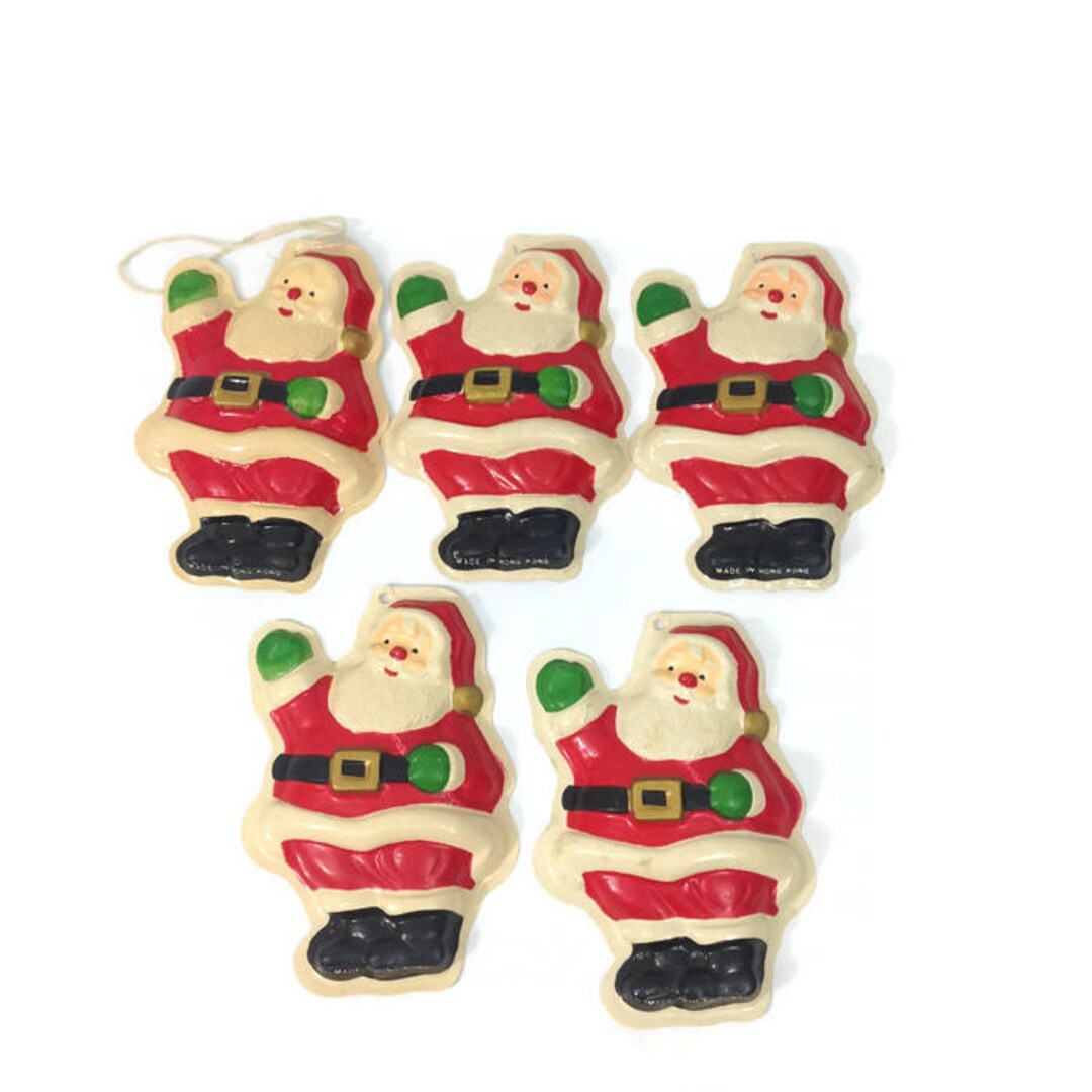 Vintage Lot of 5 Thin Molded Plastic Waving Santa 7 Inch Ornaments