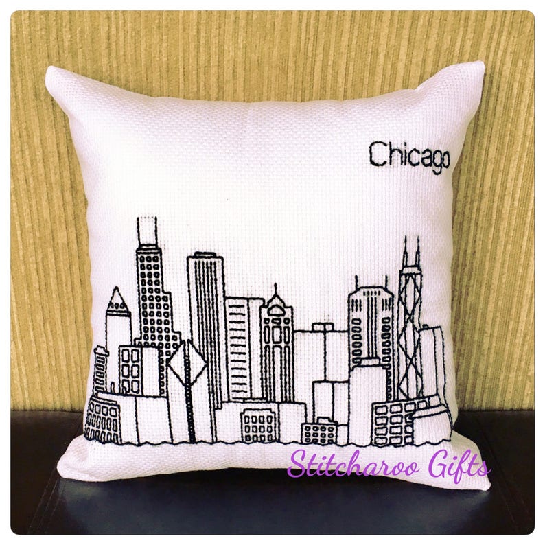 Chicago pillow cover embroidered pillow black and white Etsy