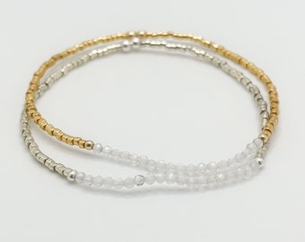 Bergkristall Armband: Sterling Silber & Gold-gefüllter Kristall Stretch-Armband