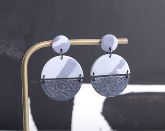Grey Blue Bluestone and Brass Polymer Clay Earrings Handmade Polymer Clay Statement Earrings Contemporary Earrings Autumnal