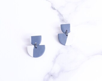 Grey Blue Bluestone and Brass Polymer Clay Earrings Handmade Polymer Clay Statement Earrings Contemporary Earrings Autumnal