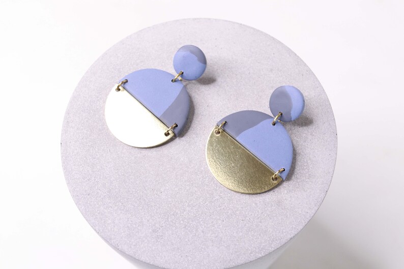 Grey Blue Bluestone and Brass Polymer Clay Earrings Handmade Polymer Clay Statement Earrings Contemporary Earrings Autumnal