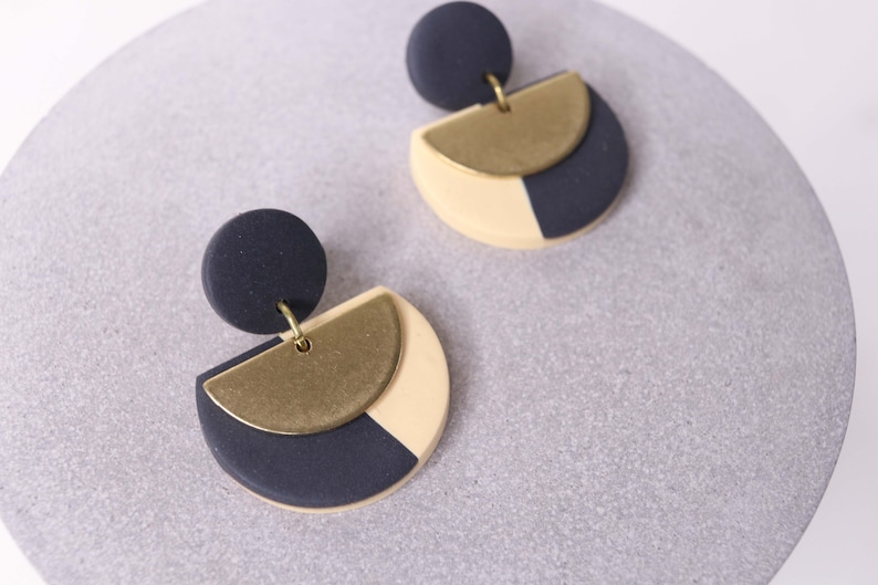 Pale Yellow Dark Grey and Raw Brass Polymer Clay Earrings Handmade Earrings Brass Earrings Geometric Earrings Earrings
