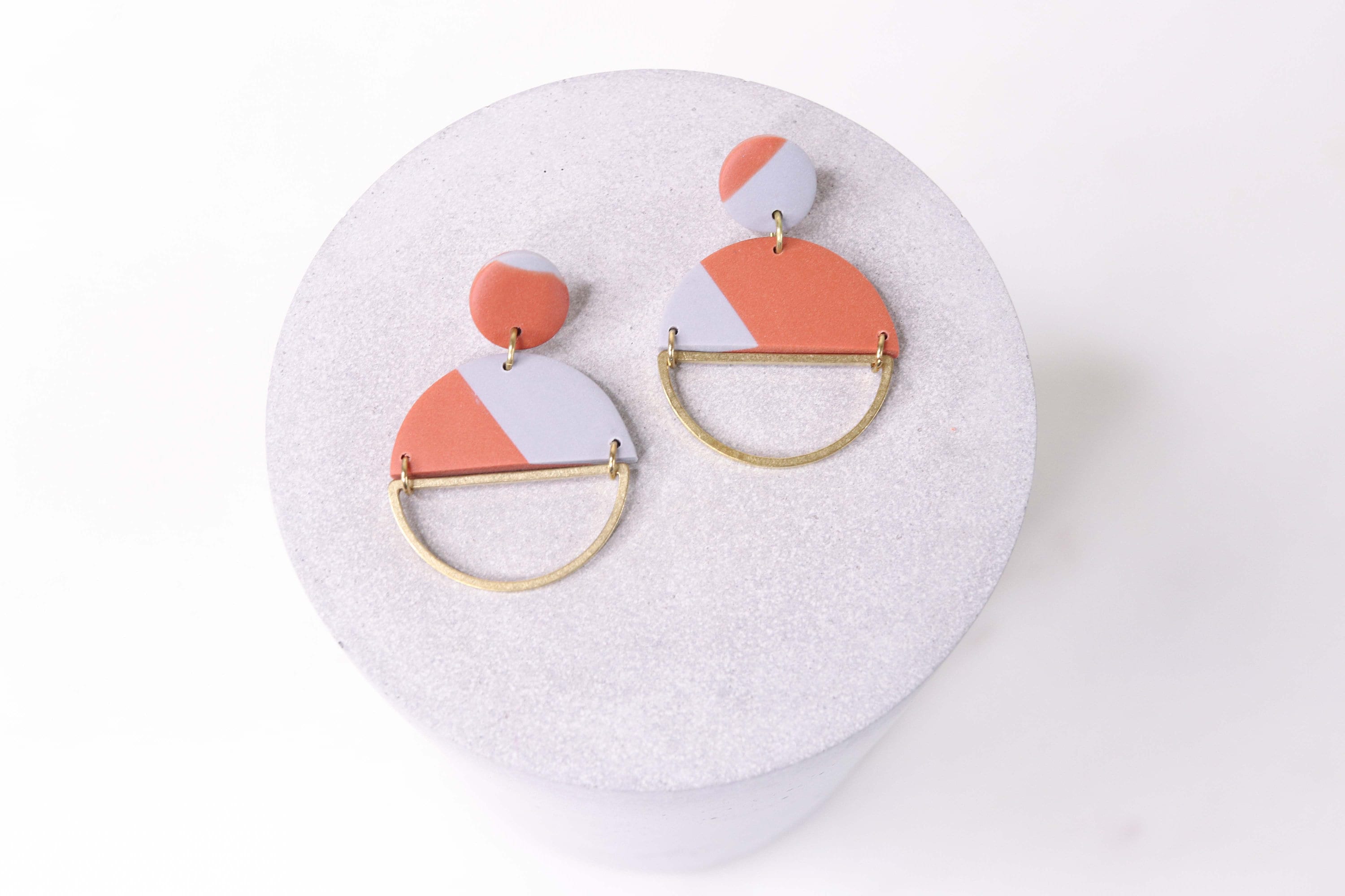 Grey Blue Bluestone and Brass Polymer Clay Earrings Handmade Polymer Clay Statement Earrings Contemporary Earrings Autumnal