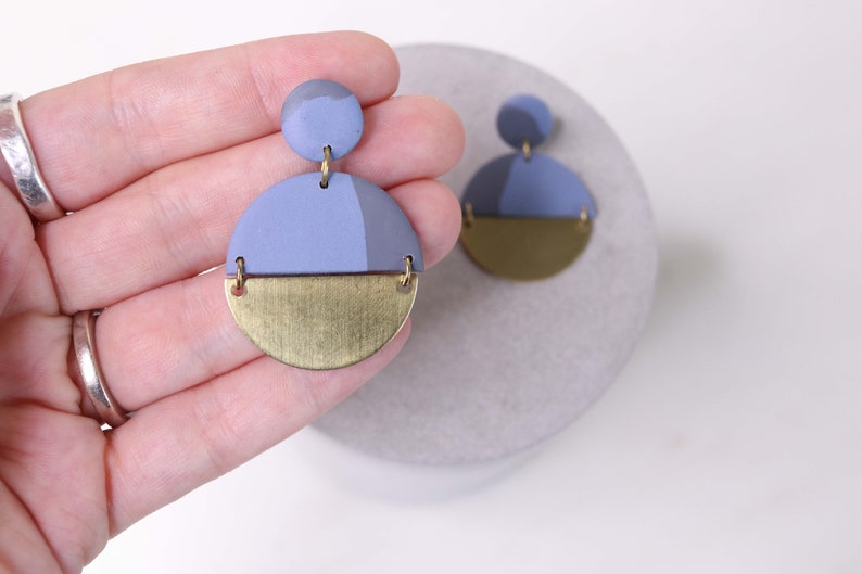Grey Blue Bluestone and Brass Polymer Clay Earrings Handmade Polymer Clay Statement Earrings Contemporary Earrings Autumnal