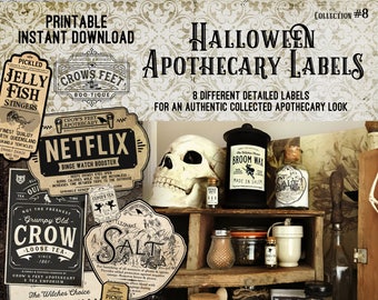 Vintage Look Witch Potion Labels, Halloween Apothecary Labels for Jars, Printable, Collection #8