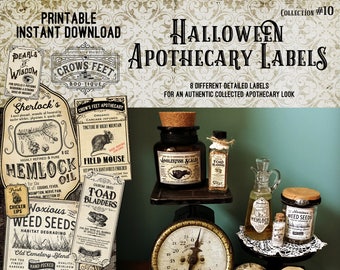 Vintage Look Witch Potion Labels, Halloween Apothecary Labels for Jars, Printable, Collection #10