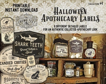 Vintage Look Witch Potion Labels, Halloween Apothecary Labels for Jars, Printable, Collection #1