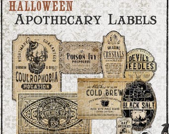 Puede incluir: Una colección de ocho etiquetas de boticario de Halloween de estilo vintage con texto e ilustraciones en negro sobre un fondo beige. Los diseños incluyen Coulrophobia, Poison Ivy, Healing Crystals, Devil's Needles, Witches Tea, Cold Brew y Black Salt.