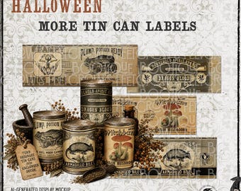 Könnte beinhalten: Ein digitales Download-Set mit Vintage-Halloween-Etiketten für Konservendosen, darunter Motive wie Swampy Frog Legs, Dragon Blood und Witchbane Mushrooms. Das Set enthält vier rechteckige Etiketten und drei zylindrische Dosen.