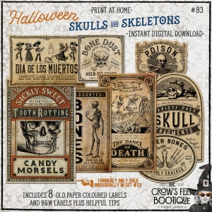 Etiquetas para pociones con estilo vintage n.° 83, calaveras y esqueletos, etiquetas para frascos de pociones imprimibles