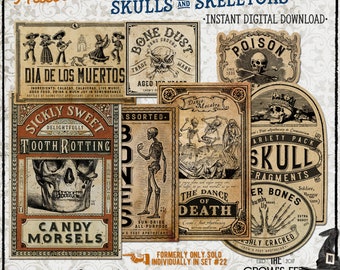 Vintage Look Potion Labels #83, Skulls & Skeletons, Printable Potion Jar Labels