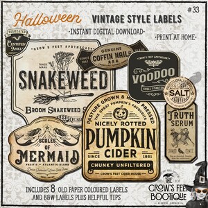 Puede incluir: Ocho etiquetas de estilo vintage de Halloween con temas espeluznantes, que incluyen Snakeweed, Voodoo, Sal, Suero de la verdad, Escamas de sirena, Sidra de calabaza y Clavos de ataúd. Las etiquetas están diseñadas para parecer papel viejo con un aspecto desgastado y envejecido.