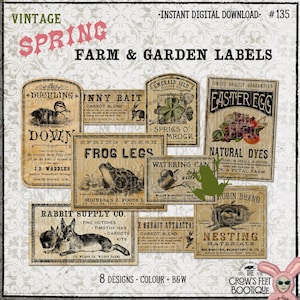 May include: A collection of eight vintage-style rectangular labels featuring spring-themed illustrations including a duckling, frog, rabbit, and bird nest. The text includes titles like Duckling Down, Frog Legs, and Easter Egg Natural Dyes.