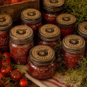 Op de afbeelding: Verschillende glazen potten gevuld met rode tomatenpuree, elk voorzien van een metalen deksel en een rond beige etiket met een tomatenillustratie en de tekst Tomato Paste. Verse rode tomaten en groene dille zijn in de buurt gerangschikt.