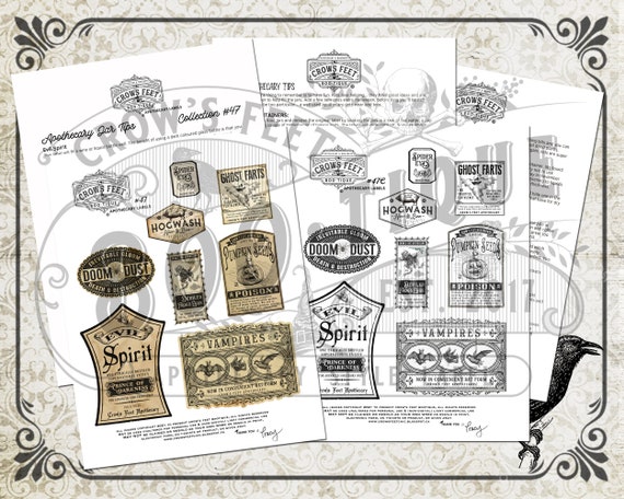 小物 aevil labels O.I.T zine Vintage Potion Labels Halloween Witch Digital Download