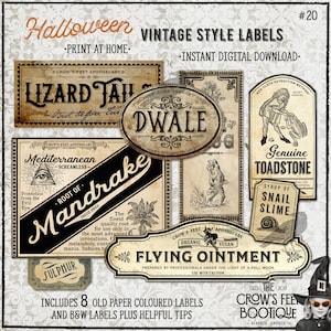 May include: Eight vintage-style Halloween labels with old paper and black and white designs. The labels feature text such as "Lizard Tail", "Dwale", "Mandrake", "Mediterranean", "Genuine Toadstone", "Syrup of Snail Slime", and "Flying Ointment".