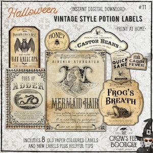 May include: Eight vintage-style Halloween potion labels with black and white illustrations and text. The labels feature images of a bat, snake, mermaid, frog, skull and bones, and a cabin. The labels are designed to be printed at home.
