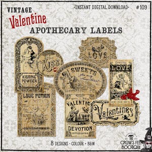 May include: A collection of eight vintage-style Valentine apothecary labels featuring decorative typography and illustrations of couples, cherubs, and hearts. The labels include text such as Kissing Powder, Love Potion, Sweets, and Valentines, presented in black ink on a tan background.