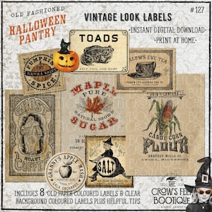 May include: A collection of vintage-style Halloween pantry labels. The labels feature illustrations of a jack-o'-lantern, a toad, a ghost, and other spooky elements. Text includes "Halloween Pantry" and "Vintage Look Labels."