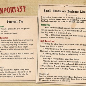 Pu&ograve; includere: Due documenti rettangolari su uno sfondo beige testurizzato. Il documento a sinistra &egrave; intitolato Personal Use, che delinea le attivit&agrave; consentite e non consentite. Il documento a destra &egrave; intitolato Small Handmade Business License.