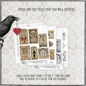 May include: A digital file set featuring vintage-style labels with gothic illustrations and text including Love Potion, Kissing Elixir, and Broken Heart Repair Tonic. The text states label sizes vary from 1.75"x3.7" to 4"x2.8" for the hearts.