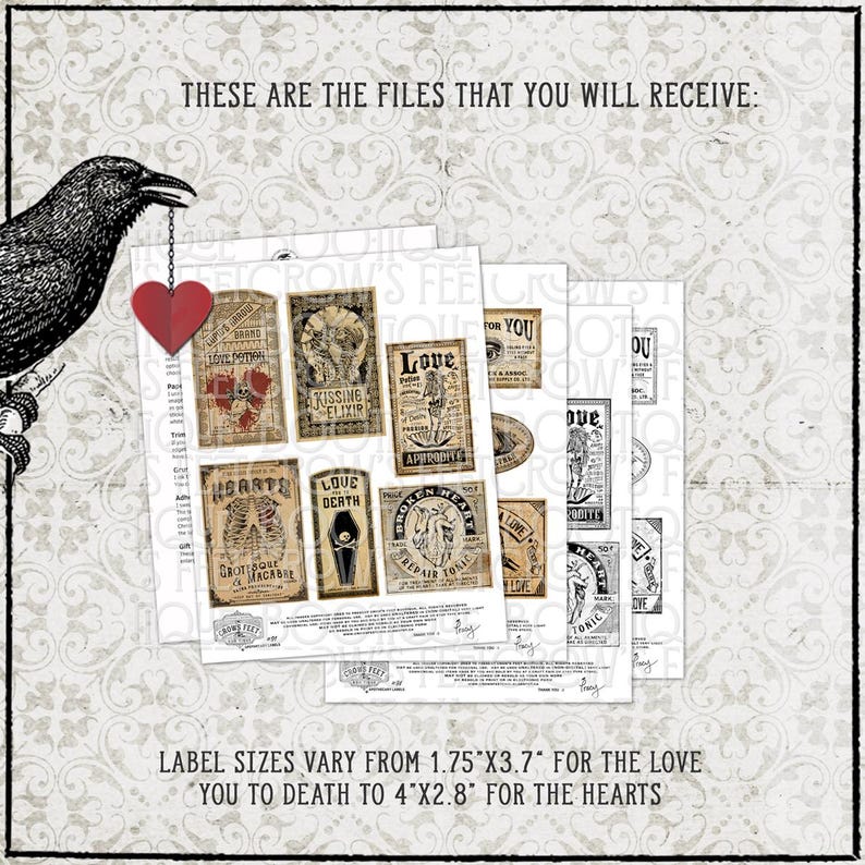 May include: A digital file set featuring vintage-style labels with gothic illustrations and text including Love Potion, Kissing Elixir, and Broken Heart Repair Tonic. The text states label sizes vary from 1.75"x3.7" to 4"x2.8" for the hearts.