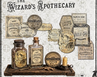 Puede incluir: Un conjunto de descarga digital titulado The Wizard's Apothecary con diez etiquetas de estilo vintage para botellas de pociones, incluyendo Wolfsbane, Skele-Gro y Polyjuice, exhibidas con dos botellas de vidrio, una lata redonda y una vela.