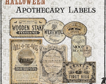Puede incluir: Una colección de ocho etiquetas de boticario para Halloween de estilo vintage en varias formas y tamaños. Las etiquetas incluyen textos como Count Dracula's Wooden Stake Seasoning, Werewolf Musk, All Purpose Hexes, Moon Beams y Snakes First Hiss.