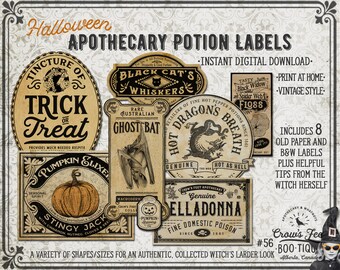 Vintage Look Potion Labels #56, Halloween Apothecary Labels for Jars,  Printable